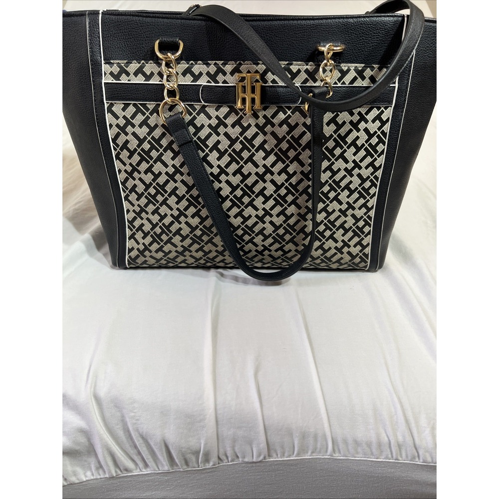 Tommy Hilfiger Monogram Jacquard Tote Bag Black Gold Shopper Shoulder Bag 18x12